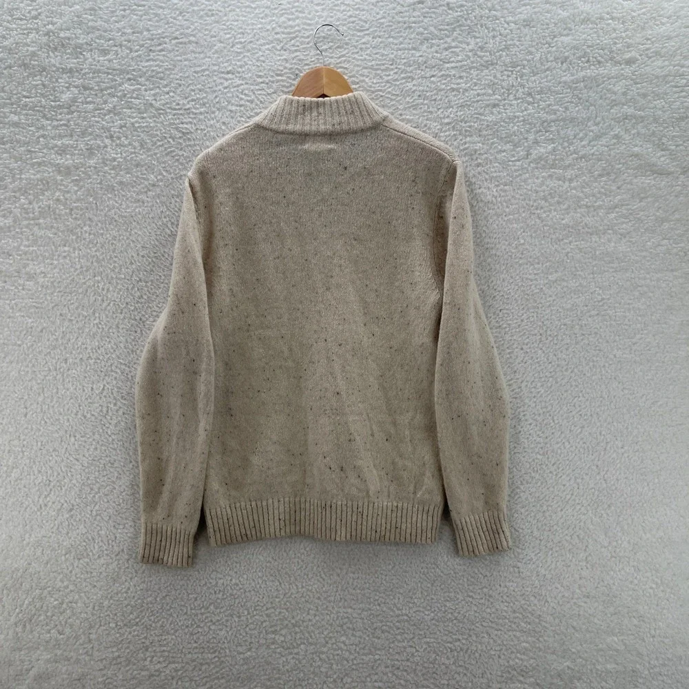 LL Bean Sweater Mens M Cream 1/4 Zip Shetland Corduroy Elbow Patch Outdoor Gorp